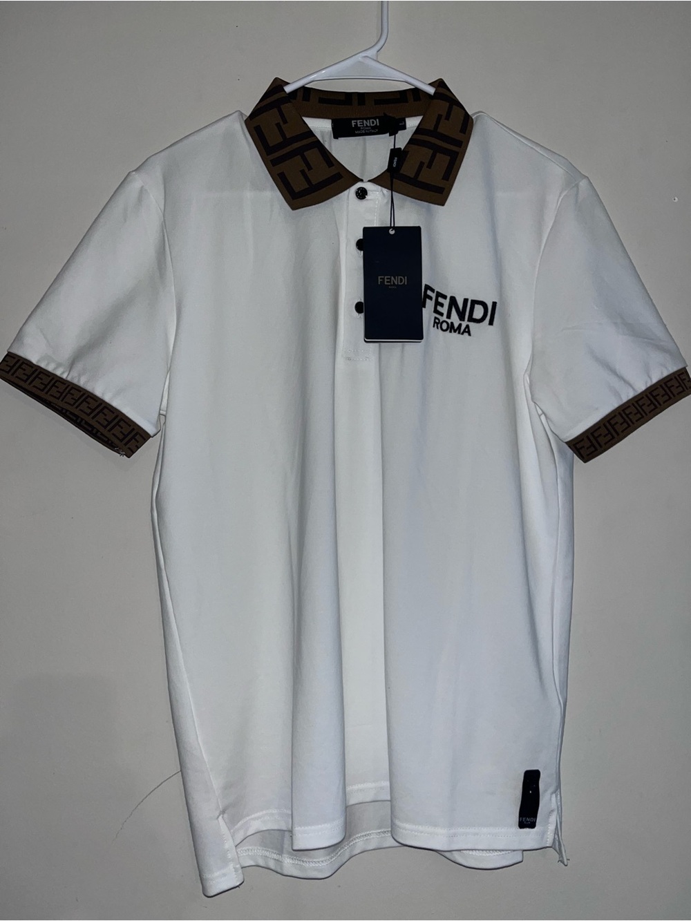 Fendi White Polo with Brown FF Monogram Collar & Cuffs